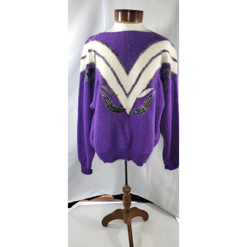 Vintage Career Women's Large Purple White Floral Beaded Wool Grandma Sweater